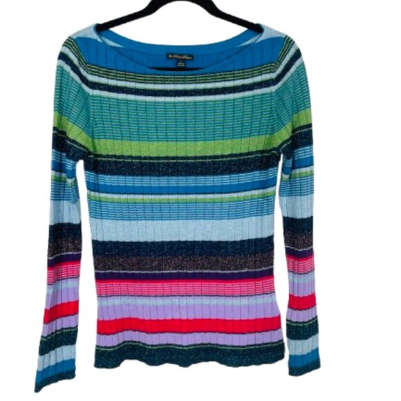 Brooks Brothers NWOT Women's Cotton Blend Metallic Striped Ribbed Sweater Size L - Picture 7 of 9